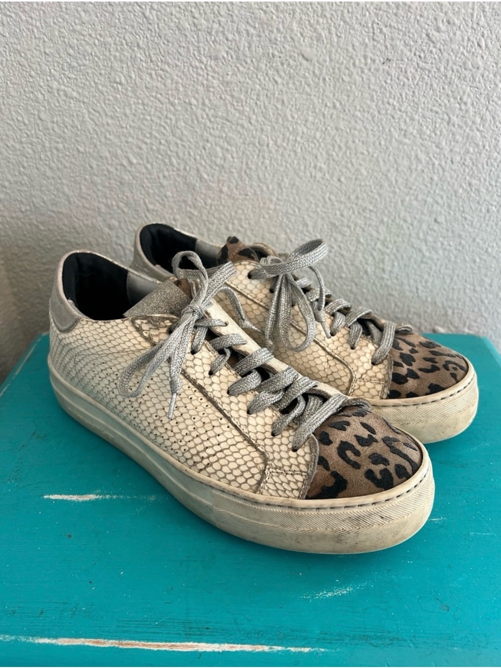 P448 Thea Platform Sneakers in Python Animal Leopard Print Cream Glitter 39